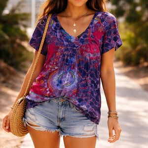 Greater Good Boho Tie Dye Blouse S/M‎ Viscose Flowy Festival Tunic Top